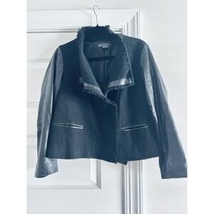 Vince Black Wool Tweed Leather‎ Sleeves Zip Moto Motorcycle Jacket Coat L